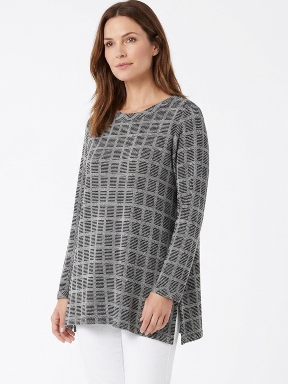 J Jill Wearever collection Black & White Grid Long-Sleeve Knit Top large petite